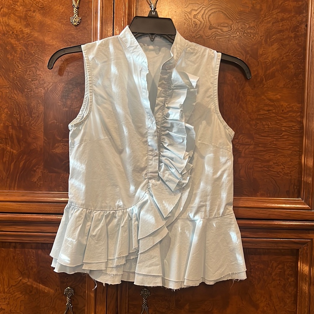Baby blue ruffle button down top. Medium